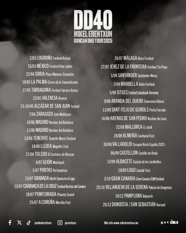 ✨DUNCAN DHU TOUR 2025✨ con @erentxun y su increíble banda.

Vamos sumando fechas y las que quedan 🎶🎶

Más info y entradas en👉🏽 mikelerentxun.ws

#DD40 #MikelErentxun #DuncanDhuTour2025
